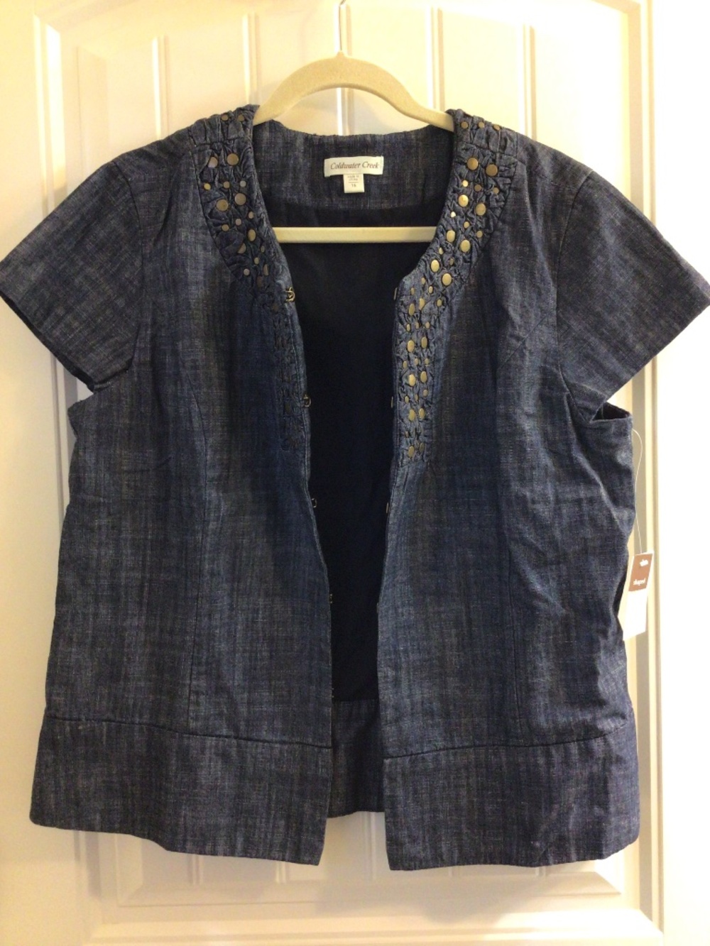 Coldwater Creek "Shaped" Rivet Trim Cap Sleeve Chambray Denim Jacket Sz16